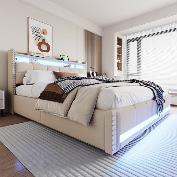 Polstret seng 180x200 cm med LED, USB, opbevaring i sengegavlen, hydraulisk lift, dobbeltseng i beige linned