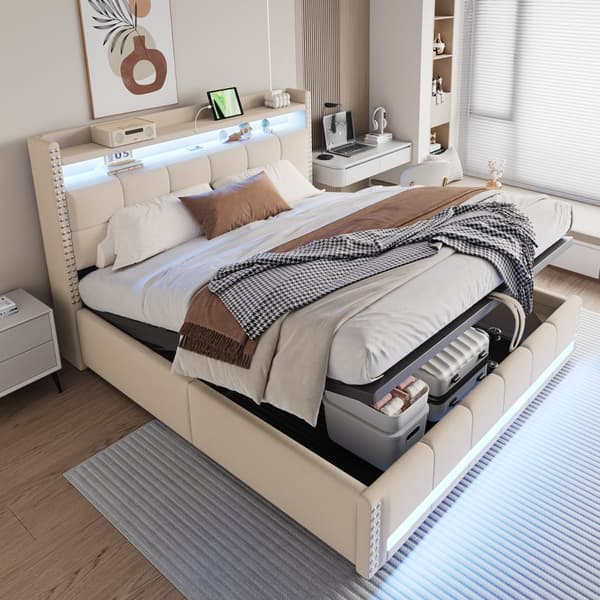 Polstret seng 180x200 cm med LED, USB, opbevaring i sengegavlen, hydraulisk lift, dobbeltseng i beige linned