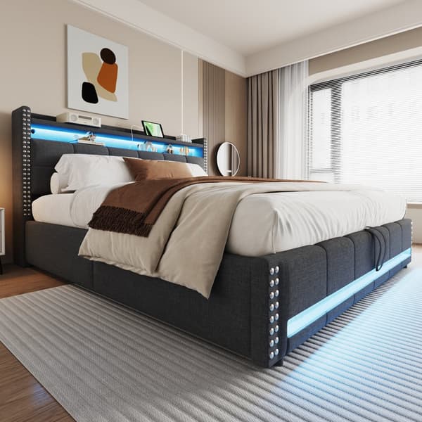 Polstret seng 180x200 cm med LED, USB, opbevaring i sengegavlen, hydraulisk lift, dobbeltseng i gråt hørstof