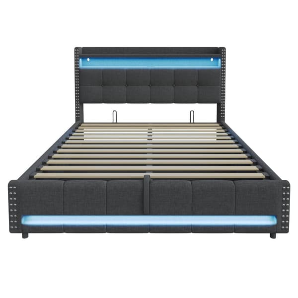 Polstret seng 180x200 cm med LED, USB, opbevaring i sengegavlen, hydraulisk lift, dobbeltseng i gråt hørstof
