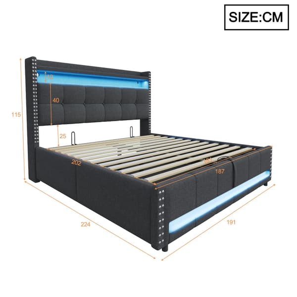 Polstret seng 180x200 cm med LED, USB, opbevaring i sengegavlen, hydraulisk lift, dobbeltseng i gråt hørstof