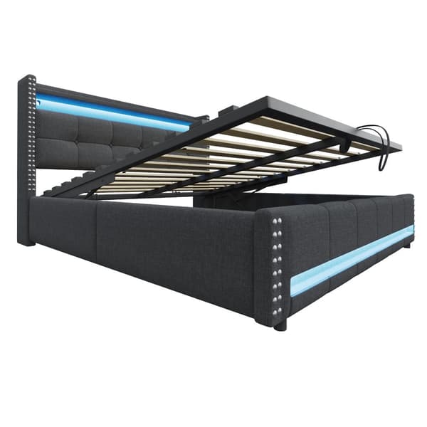 Polstret seng 180x200 cm med LED, USB, opbevaring i sengegavlen, hydraulisk lift, dobbeltseng i gråt hørstof
