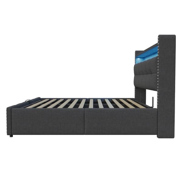 Polstret seng 180x200 cm med LED, USB, opbevaring i sengegavlen, hydraulisk lift, dobbeltseng i gråt hørstof