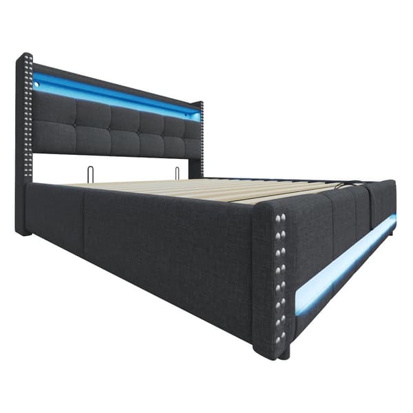 Polstret seng 180x200 cm med LED, USB, opbevaring i sengegavlen, hydraulisk lift, dobbeltseng i gråt hørstof