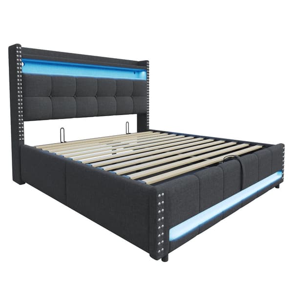 Polstret seng 180x200 cm med LED, USB, opbevaring i sengegavlen, hydraulisk lift, dobbeltseng i gråt hørstof
