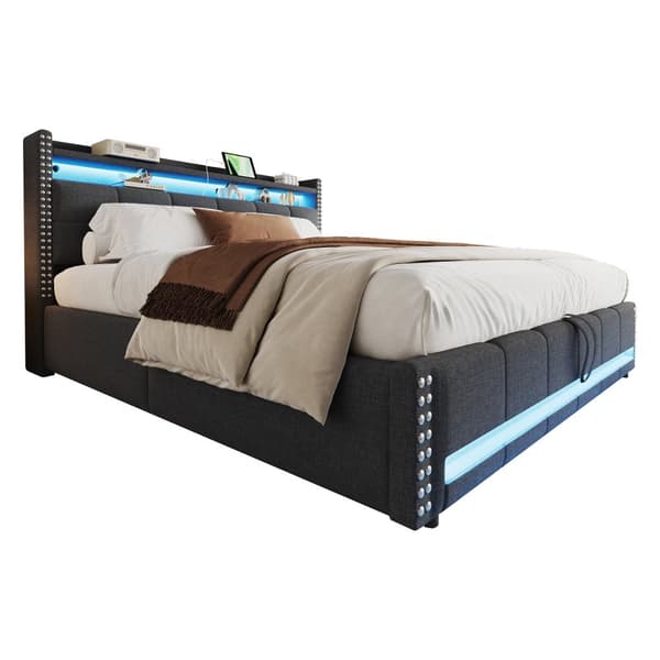 Polstret seng 180x200 cm med LED, USB, opbevaring i sengegavlen, hydraulisk lift, dobbeltseng i gråt hørstof