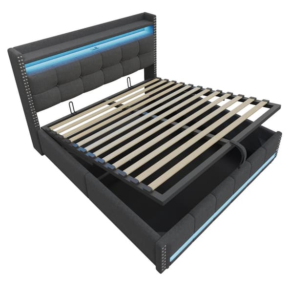 Pehmustettu sänky 180x200 cm LEDillä, USB, säilytystila sängynpäädyssä, hydraulinen nostin, parivuode harmaata pellavakangasta