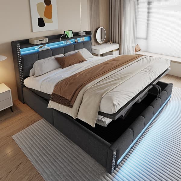 Pehmustettu sänky 180x200 cm LEDillä, USB, säilytystila sängynpäädyssä, hydraulinen nostin, parivuode harmaata pellavakangasta