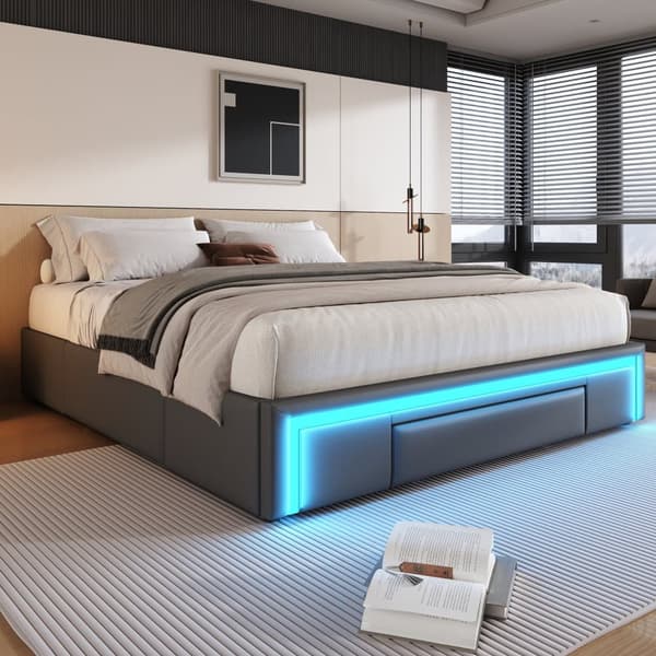 Sängynrunko 160x200 laatikoilla - PU-nahka ilman sängynpäätyä, LED-nauha, metallirunko - harmaa