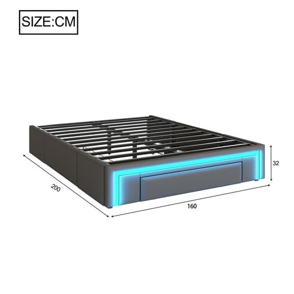 Sängynrunko 160x200 laatikoilla - PU-nahka ilman sängynpäätyä, LED-nauha, metallirunko - harmaa