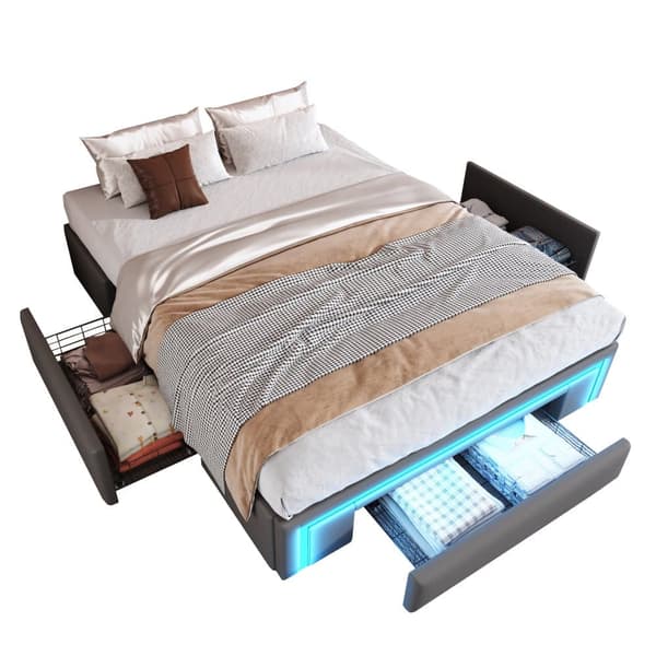 Sängynrunko 160x200 laatikoilla - PU-nahka ilman sängynpäätyä, LED-nauha, metallirunko - harmaa