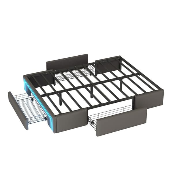 Sängynrunko 160x200 laatikoilla - PU-nahka ilman sängynpäätyä, LED-nauha, metallirunko - harmaa