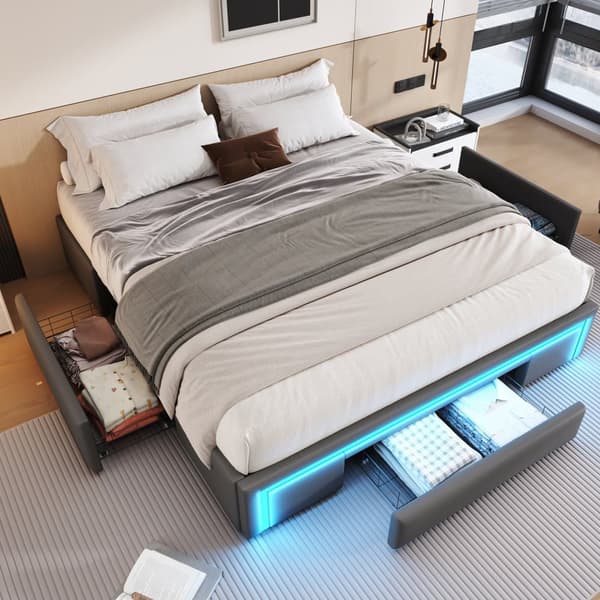 Sängynrunko 160x200 laatikoilla - PU-nahka ilman sängynpäätyä, LED-nauha, metallirunko - harmaa