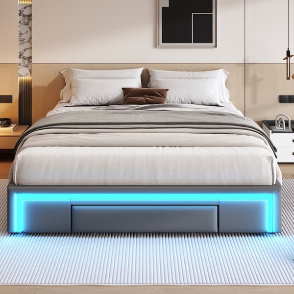 Sängynrunko 160x200 laatikoilla - PU-nahka ilman sängynpäätyä, LED-nauha, metallirunko - harmaa