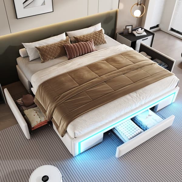 Sängynrunko 180x200 laatikoilla - PU-nahka ilman sängynpäätyä, LED-nauha, metallirunko - beige
