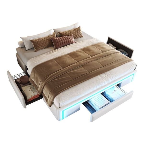 Sängynrunko 180x200 laatikoilla - PU-nahka ilman sängynpäätyä, LED-nauha, metallirunko - beige