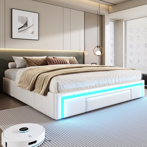 Sängynrunko 180x200 laatikoilla - PU-nahka ilman sängynpäätyä, LED-nauha, metallirunko - beige