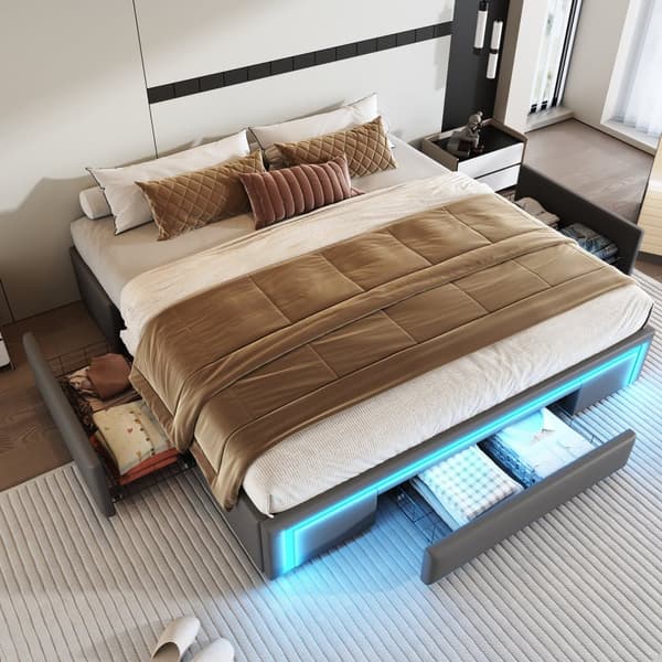 Sengeramme 180x200 med skuffer - PU læder uden sengegavl, LED Strip, Metal Ramme til moderne soveværelser - Grå