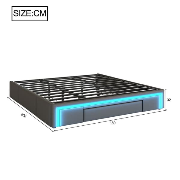 Sengeramme 180x200 med skuffer - PU læder uden sengegavl, LED Strip, Metal Ramme til moderne soveværelser - Grå