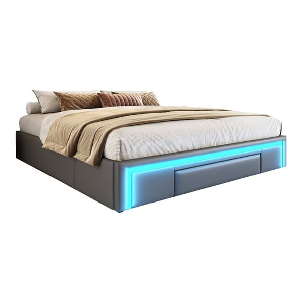 Sengeramme 180x200 med skuffer - PU læder uden sengegavl, LED Strip, Metal Ramme til moderne soveværelser - Grå