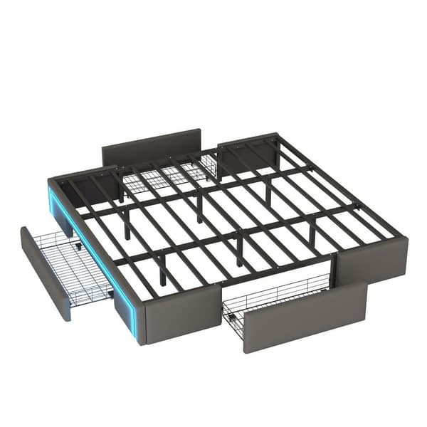 Sengeramme 180x200 med skuffer - PU læder uden sengegavl, LED Strip, Metal Ramme til moderne soveværelser - Grå