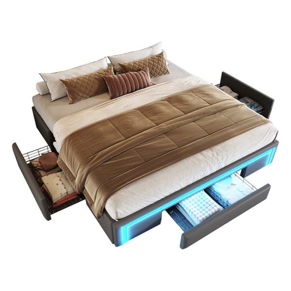 Sengeramme 180x200 med skuffer - PU læder uden sengegavl, LED Strip, Metal Ramme til moderne soveværelser - Grå