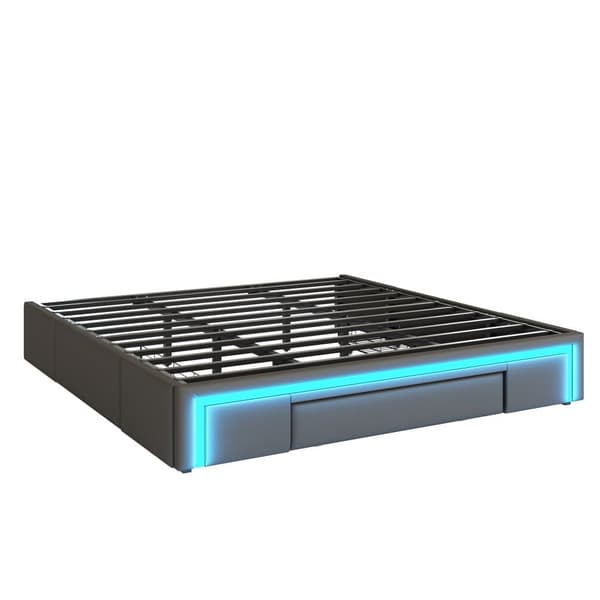 Sengeramme 180x200 med skuffer - PU læder uden sengegavl, LED Strip, Metal Ramme til moderne soveværelser - Grå