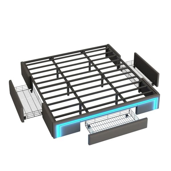 Sengeramme 180x200 med skuffer - PU læder uden sengegavl, LED Strip, Metal Ramme til moderne soveværelser - Grå