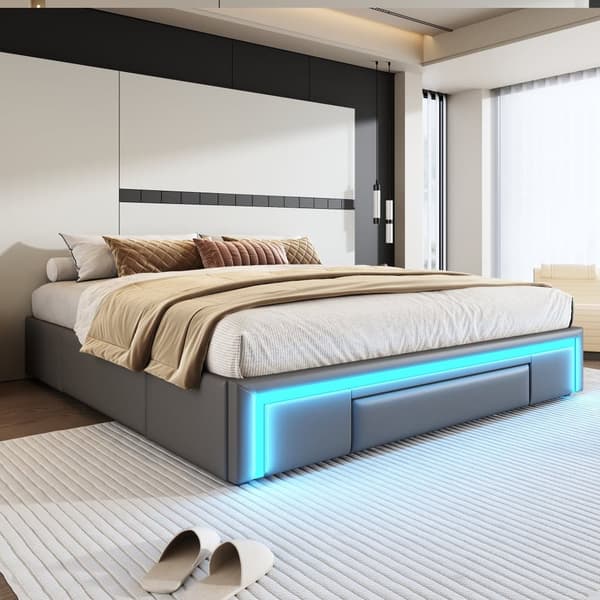 Sengeramme 180x200 med skuffer - PU læder uden sengegavl, LED Strip, Metal Ramme til moderne soveværelser - Grå