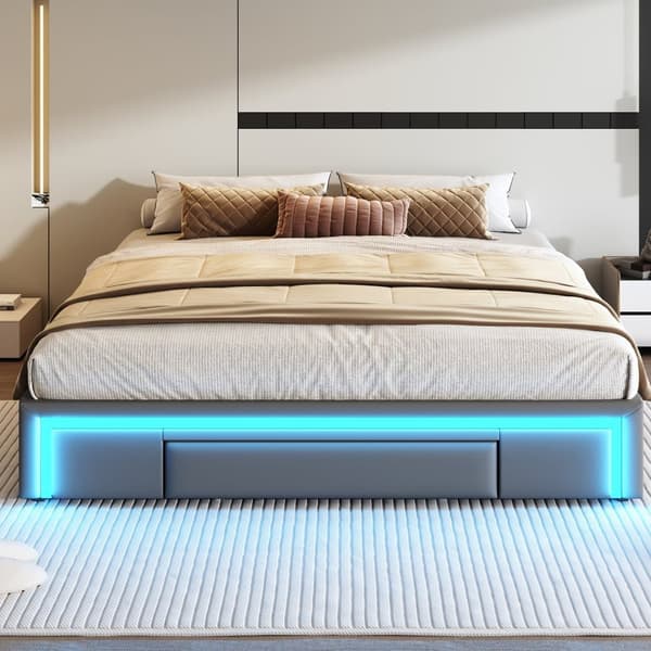 Sengeramme 180x200 med skuffer - PU læder uden sengegavl, LED Strip, Metal Ramme til moderne soveværelser - Grå