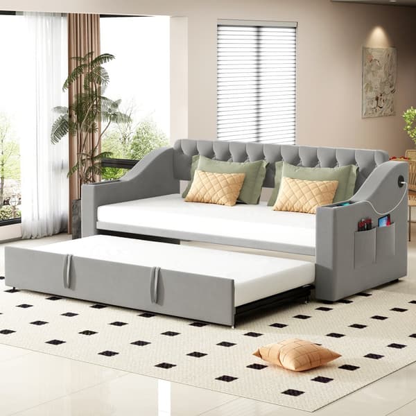 Sovesofa 90/180x190 cm – brede armlæn med USB, opbevaring, aftagelige lommer, lamelbund, fløjlsgrå