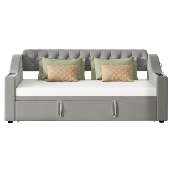 Sovesofa 90/180x190 cm – brede armlæn med USB, opbevaring, aftagelige lommer, lamelbund, fløjlsgrå