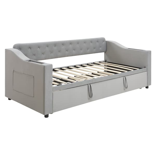 Vuodesohva 90/180x190 cm – leveät käsinojat USB:llä, säilytystila, irrotettavat taskut, sälepohja, sametinharmaa