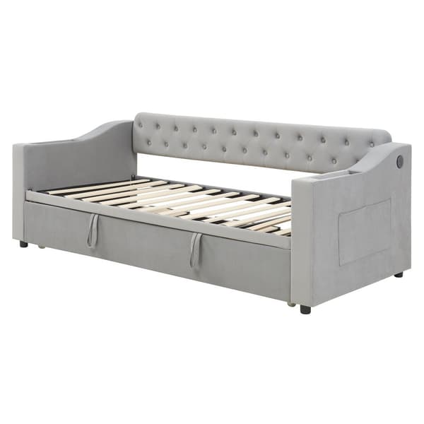 Vuodesohva 90/180x190 cm – leveät käsinojat USB:llä, säilytystila, irrotettavat taskut, sälepohja, sametinharmaa