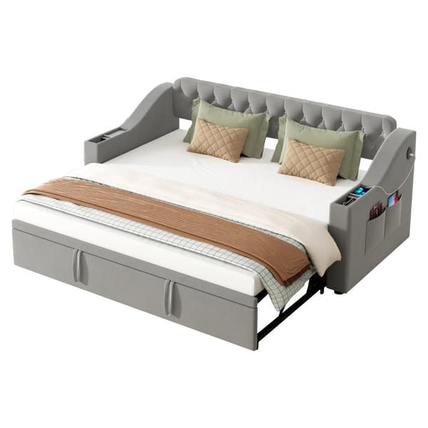 Sovesofa 90/180x190 cm – brede armlæn med USB, opbevaring, aftagelige lommer, lamelbund, fløjlsgrå