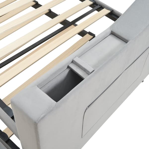 Sovesofa 90/180x190 cm – brede armlæn med USB, opbevaring, aftagelige lommer, lamelbund, fløjlsgrå