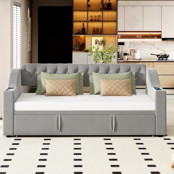 Sovesofa 90/180x190 cm – brede armlæn med USB, opbevaring, aftagelige lommer, lamelbund, fløjlsgrå