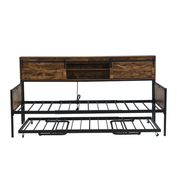 Vuodesohva 90x200 cm – jatkettava, useita säilytyslokeroita, pistorasia, rautarunko, yhden hengen sänky, musta/ruskea