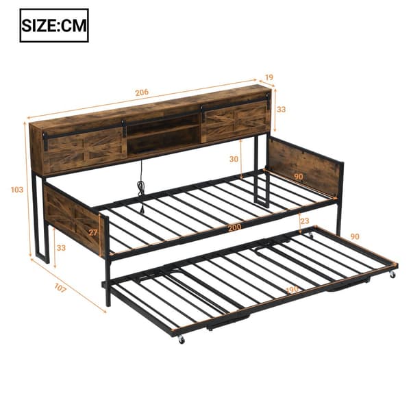 Vuodesohva 90x200 cm – jatkettava, useita säilytyslokeroita, pistorasia, rautarunko, yhden hengen sänky, musta/ruskea