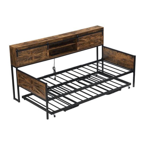 Vuodesohva 90x200 cm – jatkettava, useita säilytyslokeroita, pistorasia, rautarunko, yhden hengen sänky, musta/ruskea