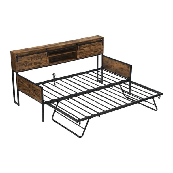 Vuodesohva 90x200 cm – jatkettava, useita säilytyslokeroita, pistorasia, rautarunko, yhden hengen sänky, musta/ruskea