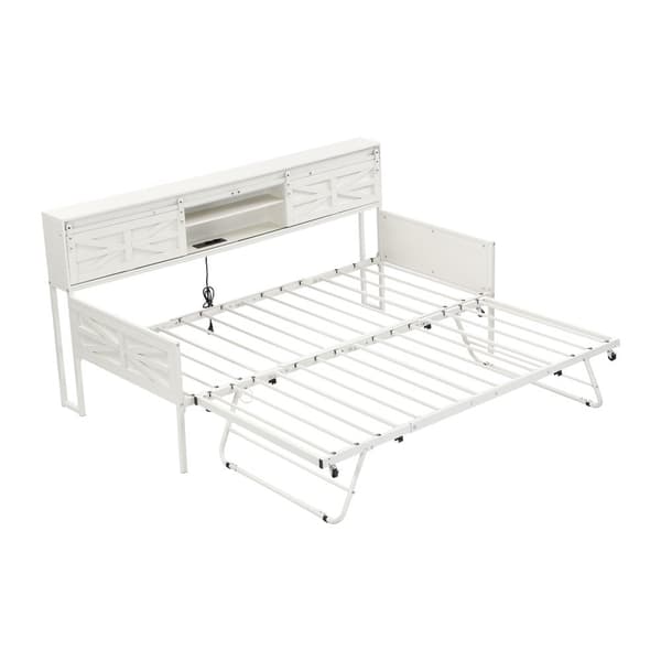 Sovesofa 90x200 cm – kan udtrækkes, med flere opbevaringsrum, stikkontakt, jernstel, enkeltseng, teenageseng, hvid