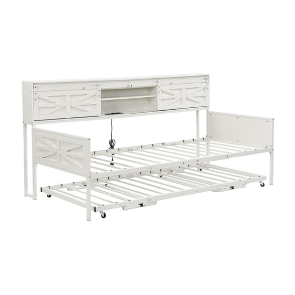 Sovesofa 90x200 cm – kan udtrækkes, med flere opbevaringsrum, stikkontakt, jernstel, enkeltseng, teenageseng, hvid