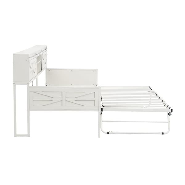 Sovesofa 90x200 cm – kan udtrækkes, med flere opbevaringsrum, stikkontakt, jernstel, enkeltseng, teenageseng, hvid
