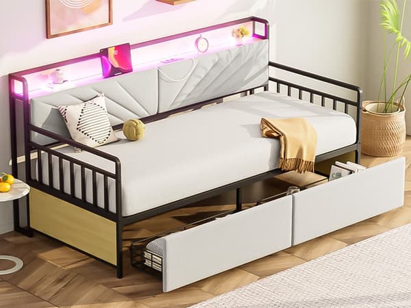 Silitysrautainen vuodesohva 90x200 cm – LED-valaistus, hyllyt, laatikot, monitoimipistorasiat, yhden hengen sänky, teinisänky, beige