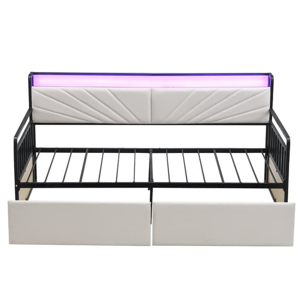 Silitysrautainen vuodesohva 90x200 cm – LED-valaistus, hyllyt, laatikot, monitoimipistorasiat, yhden hengen sänky, teinisänky, beige