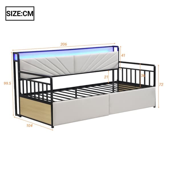 Silitysrautainen vuodesohva 90x200 cm – LED-valaistus, hyllyt, laatikot, monitoimipistorasiat, yhden hengen sänky, teinisänky, beige