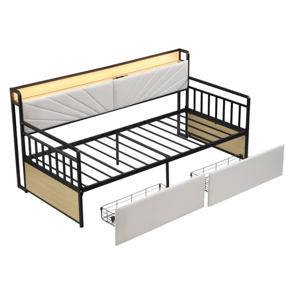 Silitysrautainen vuodesohva 90x200 cm – LED-valaistus, hyllyt, laatikot, monitoimipistorasiat, yhden hengen sänky, teinisänky, beige