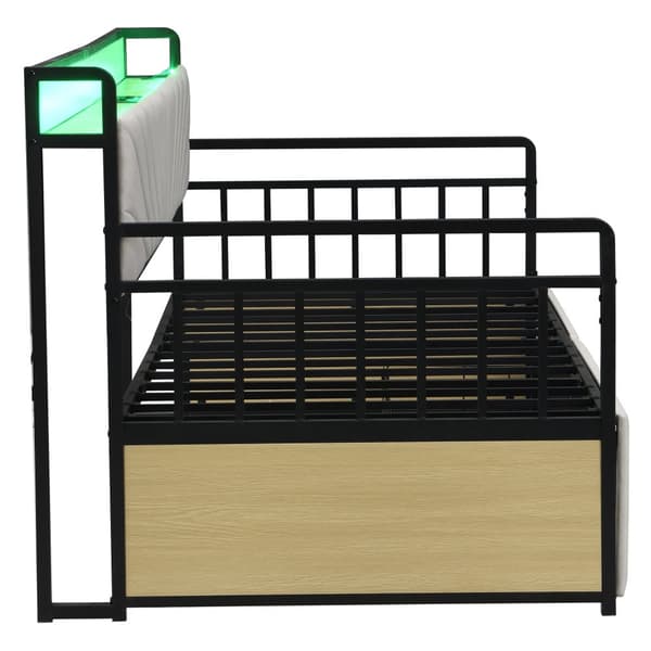 Silitysrautainen vuodesohva 90x200 cm – LED-valaistus, hyllyt, laatikot, monitoimipistorasiat, yhden hengen sänky, teinisänky, beige