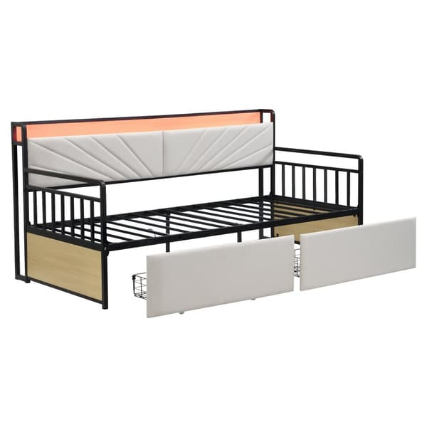 Silitysrautainen vuodesohva 90x200 cm – LED-valaistus, hyllyt, laatikot, monitoimipistorasiat, yhden hengen sänky, teinisänky, beige
